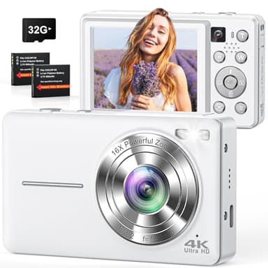 CAMKORY デジカメ 4K デジタルカメラ 【2026新型 AFオートフォーカス】 4800万画素 16倍ズーム デュアルレンズ 自撮り コンパクト Webカメラ Vlogカメラ 軽量 32GBカード付属 日本語説明書 初心者 子供 学生 修学旅行 誕生日 贈り物 (白色)