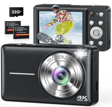4K デジタルカメラ デジカメ 自撮り AFオートフォーカス コンパクト カメラ 16倍ズーム フラッシュ 充電式大容量バッテリー YouTuberカメラ ウェブカメラ 初心者向け 子供用 誕生日 VLOG 軽量 携帯便利 32GBカード付き 黒色
