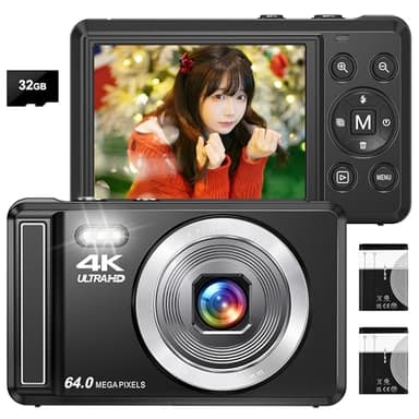 デジカメ 4K 6400万画素 デジタルカメラ AFオートフォーカス 2.8インチ IPSスクリーン 16Xデジタルズーム 笑顔検出 YouTubeカメラ 初心者向け ウェブカメラ 誕生日 VLOG クリスマス 新年 軽量 携帯便利 32GB Micro SDカード付属 日本語説明書 予備バッテリー ブラック