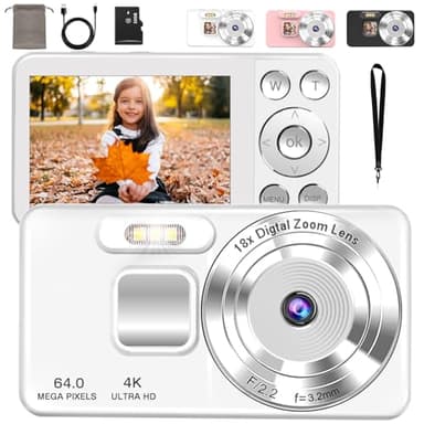 QZT デジタルカメラ 4K デジカメ 6400万画素 タイムプラス録画機能 2.8インチ大画面 オートフォーカス 18倍デジタルズーム OTG対応 スマホ連動 セルフタイマー ループ録画 LEDライト USB充電式 コンパクト ウェブカメラ機能 軽量 修学旅行/子供カメラ/初心者/入学式 三脚穴付き 日本語取扱説明書付き 32gカード付属